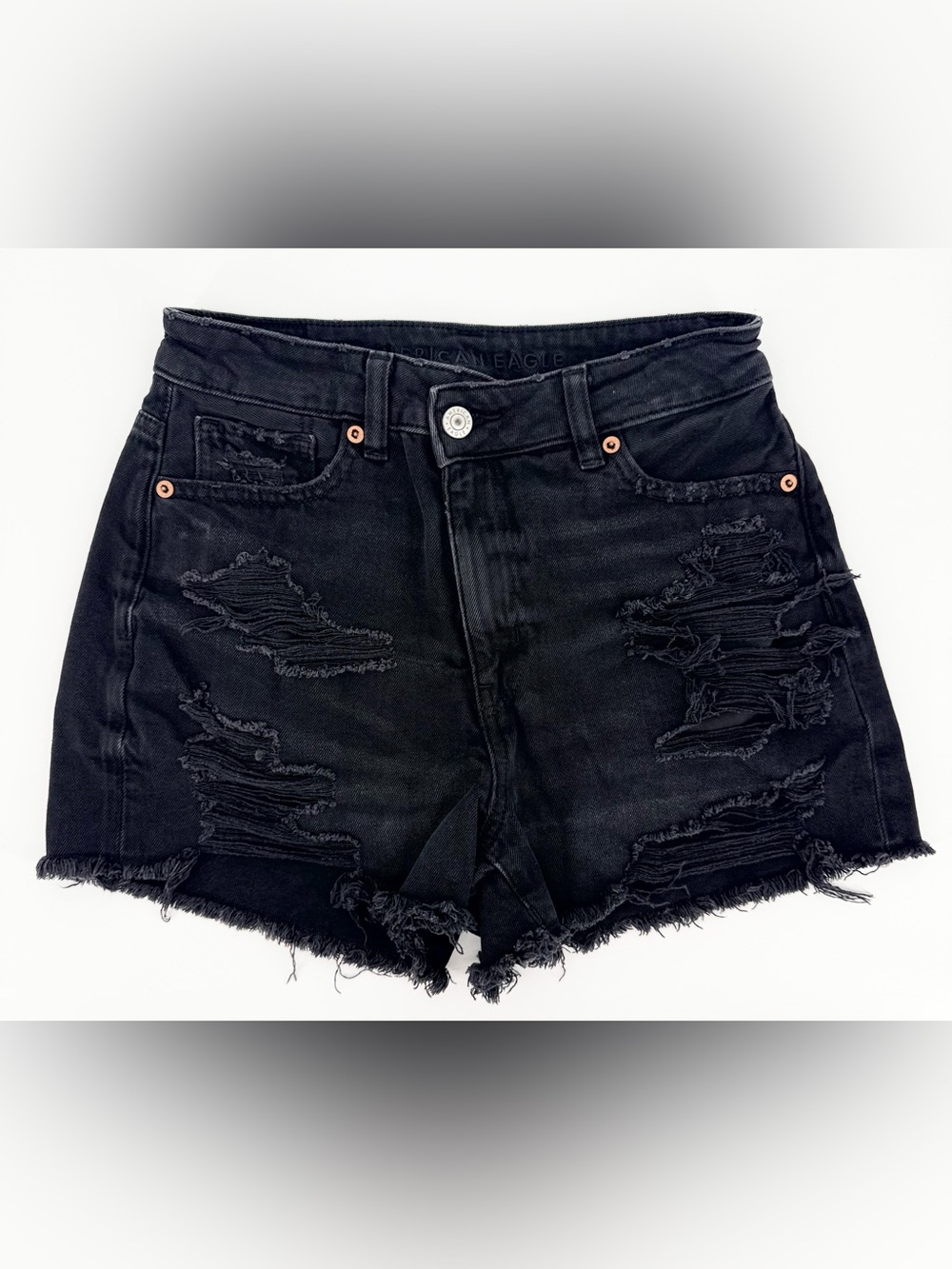 American Eagle Black Distressed Denim Shorts Women’s Size 0 Comfort Stretch